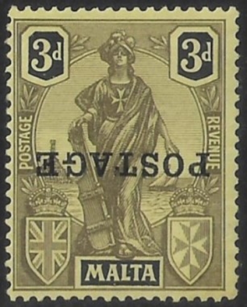 1926 Malta SG.149a 3d black/yellow. variety 'inverted overprint'. U/M (MNH) 1926 Malta SG.149a 3d black/yellow. variety 'inverted overprint'. U/M (MNH)