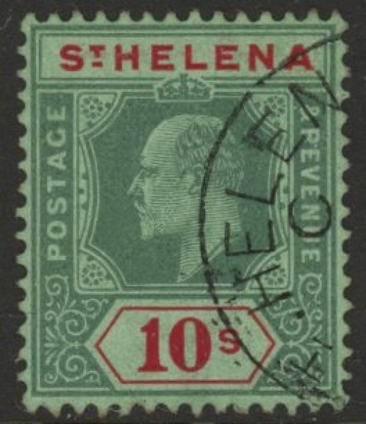 1908 St Helena KEVII SG70 10/- green & red/green. Very Fine used. 1908 St Helena KEVII SG70 10/- green & red/green. Very Fine used.