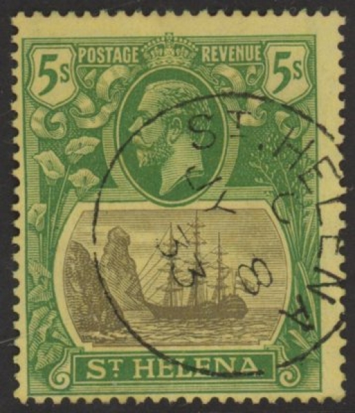 1927 St.Helena SG.110 KGV 5/- grey & green/yellow (wmk. script). very fine used. 1927 St.Helena SG.110 KGV 5/- grey & green/yellow (wmk. script). very fine used.