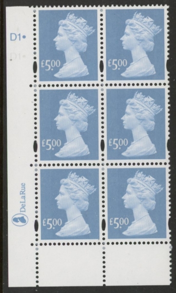 Y1749 (U493) DLR £5.00 2B Azure Cyld. D1 dot blue fluor U/M (MNH) Y1749 (U493) DLR £5.00 2B Azure Cyld. D1 dot blue fluor U/M (MNH)