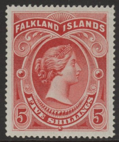 1898 Falkland Islands SG.42 5/- red . lightly mounted mint. 1898 Falkland Islands SG.42 5/- red . lightly mounted mint.