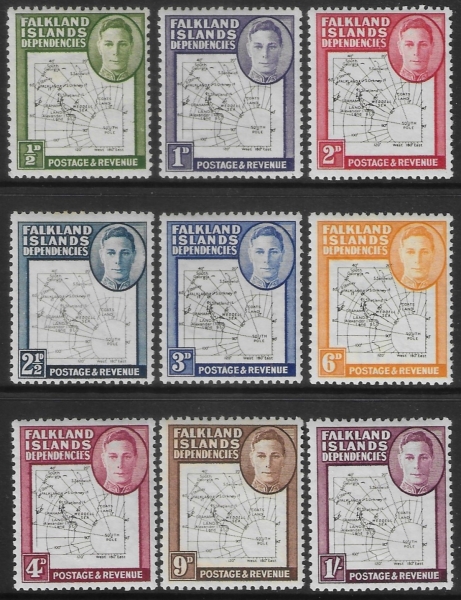 1946 Falkland Islands Dependencies SG. G9 -16 Maps set of 9 values (½d with dot in T variety). U/M (MNH) 1946 Falkland Islands Dependencies SG. G9 -16 Maps set of 9 values (½d with dot in T variety). U/M (MNH)