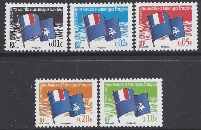 2008 French Antarctic. SG.593-7 Flags set 5 values U/M (MNH) 2008 French Antarctic. SG.593-7 Flags set 5 values U/M (MNH)
