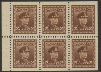 1942 Canada SG.376b 2c brown booklet pane of 6 U/M (MNH) 1942 Canada SG.376b 2c brown booklet pane of 6 U/M (MNH)