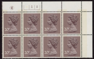 X998 (UG48) Waddington 20p dull purple. Cyld. 4A 4B no dot. phos.6 U/M (MNH) X998 (UG48) Waddington 20p dull purple. Cyld. 4A 4B no dot. phos.6 U/M (MNH)