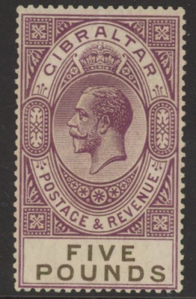 1925 Gibraltar. SG.108 £5 violet & black. mounted mint.(click to view back) 1925 Gibraltar. SG.108 £5 violet & black. mounted mint.(click to view back)