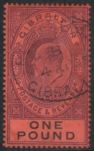 1903 Gibraltar SG.55 wmk. crown CA £1 dull purple & black/red. fine used 1903 Gibraltar SG.55 wmk. crown CA £1 dull purple & black/red. fine used