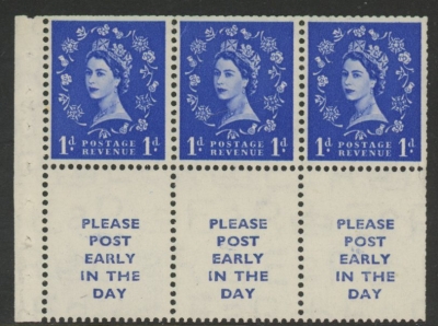 SB24 Tudor Crown 3 x 1d + 3 labels, perf I (trimmed) U/M (MNH) SB24 Tudor Crown 3 x 1d + 3 labels, perf I (trimmed) U/M (MNH)