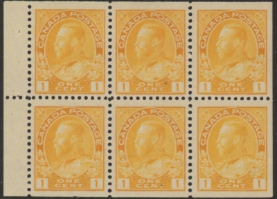 1922 Canada SG.246ab 1c chrome yellow booklet pane of 6 M/M 1922 Canada SG.246ab 1c chrome yellow booklet pane of 6 M/M