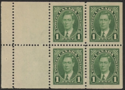1937 Canada SG.357a 1c green booklet pane of 4 + 2 labels U/M (MNH) 1937 Canada SG.357a 1c green booklet pane of 4 + 2 labels U/M (MNH)