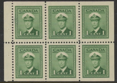 1942 Canada SG.375b 1c green booklet pane of 6 U/M (MNH) 1942 Canada SG.375b 1c green booklet pane of 6 U/M (MNH)