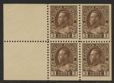 1922 Canada SG.205a 3c deep brown. booklet pane of 4 + 2 labels. M/M 1922 Canada SG.205a 3c deep brown. booklet pane of 4 + 2 labels. M/M