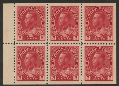 1912 Canada SG.201a 2c deep rose-red. booklet pane of 6 M/M 1912 Canada SG.201a 2c deep rose-red. booklet pane of 6 M/M