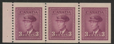 1942 Canada SG.395a 3c purple. booklet pane of 3 U/M (MNH) 1942 Canada SG.395a 3c purple. booklet pane of 3 U/M (MNH)