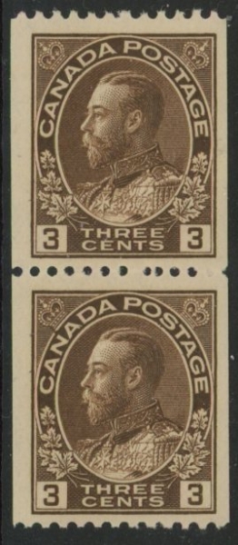 1921 Canada SG.218a 3c brown perf 12 x imperf. vertical pair U/M (MNH) 1921 Canada SG.218a 3c brown perf 12 x imperf. vertical pair U/M (MNH)