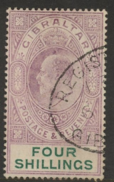 1908 Gibraltar SG.63 4/- deep purple & green. watermark multi crown CA. fine used 1908 Gibraltar SG.63 4/- deep purple & green. watermark multi crown CA. fine used