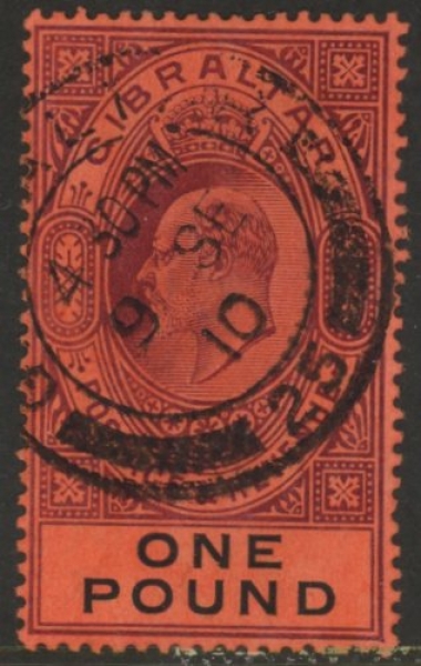 1908 Gibraltar SG.64 £1 deep purple & black/red. watermark multi crown CA. fine used 1908 Gibraltar SG.64 £1 deep purple & black/red. watermark multi crown CA. fine used