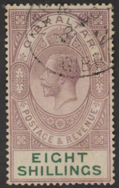 1924 Gibraltar SG.101 8/- dull purple & green. watermark multi script CA. fine used 1924 Gibraltar SG.101 8/- dull purple & green. watermark multi script CA. fine used