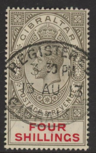 1912 Gibraltar SG.83 4/- black & carmine. watermark multi crown CA. Vfu. 1912 Gibraltar SG.83 4/- black & carmine. watermark multi crown CA. Vfu.