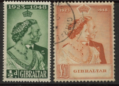 1948 Gibraltar SG.134-5 Royal Silver Wedding Set of 2 values used 1948 Gibraltar SG.134-5 Royal Silver Wedding Set of 2 values used
