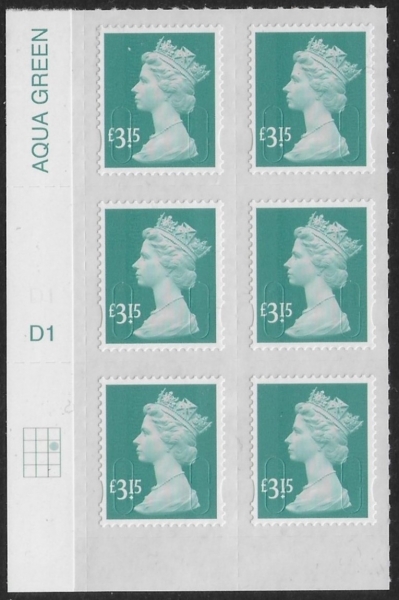 U2968 £3.15 dull blue-green M15L cyld. D1 grid position R2 C3 SBP plain DLR U/M (MNH) U2968 £3.15 dull blue-green M15L cyld. D1 grid position R2 C3 SBP plain DLR U/M (MNH)