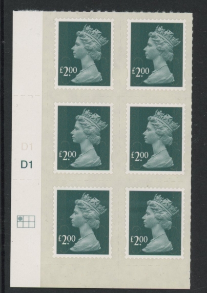 U2914 £2.00 deep blue-green MAIL cyld. no source or date code.D1 grid position R1 C1 SBP plain DLR U/M (MNH) U2914 £2.00 deep blue-green MAIL cyld. no source or date code.D1 grid position R1 C1 SBP plain DLR U/M (MNH)