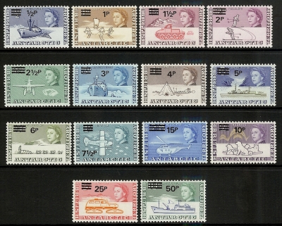 1971 British Antarctic SG.24-37 Decimal Currency surcharged overprint. set 14 values mounted mint 1971 British Antarctic SG.24-37 Decimal Currency surcharged overprint. set 14 values mounted mint