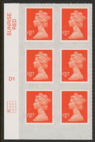 U2937 £1.17 orange-red M17L cyld. D1 grid position R4 C1 SBP plain DLR U/M (MNH) U2937 £1.17 orange-red M17L cyld. D1 grid position R4 C1 SBP plain DLR U/M (MNH)