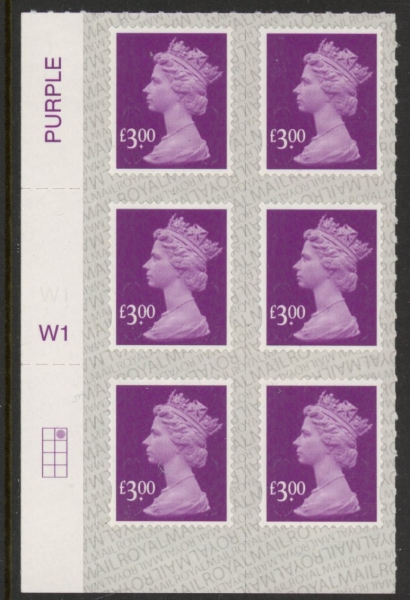 U2966 £3.00 mauve M19L Cyld. W1 grid position R1 C2 SBP s/L Walsall U/M (MNH) U2966 £3.00 mauve M19L Cyld. W1 grid position R1 C2 SBP s/L Walsall U/M (MNH)