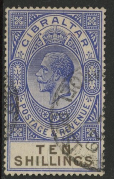 1925 Gibraltar. SG.106 KGV. 10/- deep ultramarine & black. Wmk multi script. fine used. 1925 Gibraltar. SG.106 KGV. 10/- deep ultramarine & black. Wmk multi script. fine used.