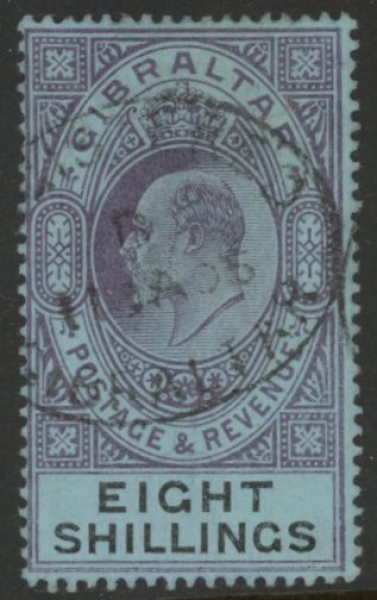 1903 Gibraltar. SG.54 KEVII. 8/- dull purple & black/blue. Wmk. crown CA fine used. 1903 Gibraltar. SG.54 KEVII. 8/- dull purple & black/blue. Wmk. crown CA fine used.