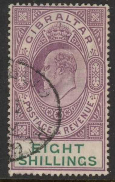 1911 Gibraltar. SG.74 KEVII. 8/- purple & green. Wmk. multi crown CA fine used. 1911 Gibraltar. SG.74 KEVII. 8/- purple & green. Wmk. multi crown CA fine used.
