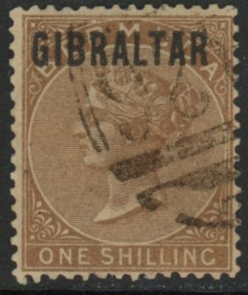 1886 Gibraltar. SG.7 1/- yellow-brown fine used. 1886 Gibraltar. SG.7 1/- yellow-brown fine used.