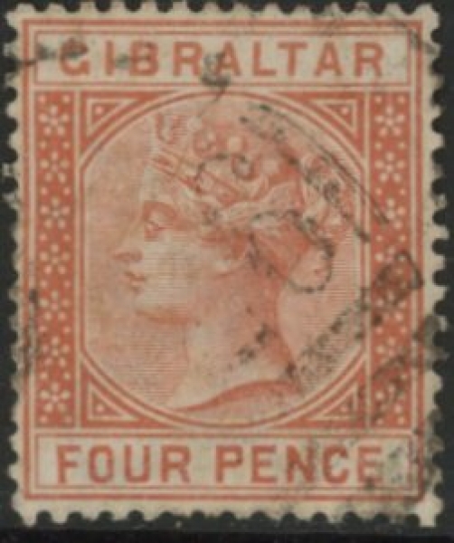 1887 Gibraltar. SG.12 4d orange-brown. fine used. 1887 Gibraltar. SG.12 4d orange-brown. fine used.