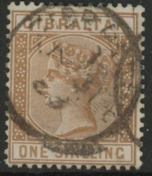 1887 Gibraltar. SG.14 1/- bistre. fine used. 1887 Gibraltar. SG.14 1/- bistre. fine used.
