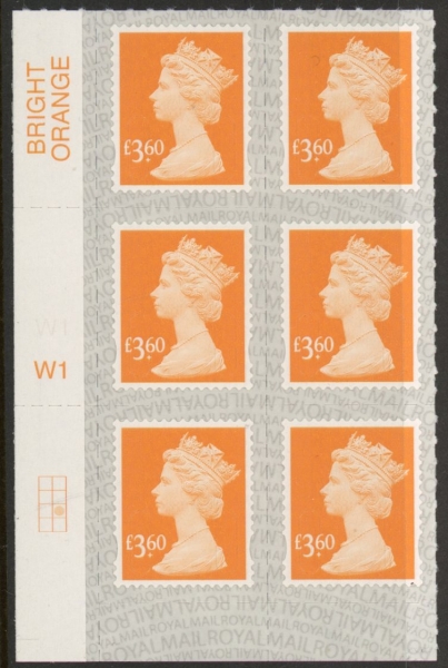 U2971 £3.60 yellow-orange 2B M19L Cyld. W1 grid position R3 C2 SBP s/L Walsall U/M (MNH) U2971 £3.60 yellow-orange 2B M19L Cyld. W1 grid position R3 C2 SBP s/L Walsall U/M (MNH)