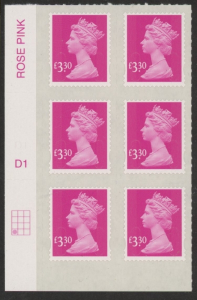 U2969 £3.30 bright magenta 2B M15L Cyld. D1 grid position R4 C1 plain DLR U/M (MNH) U2969 £3.30 bright magenta 2B M15L Cyld. D1 grid position R4 C1 plain DLR U/M (MNH)