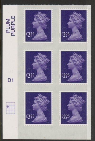 U2957 £2.25 deep violet M16L cyld. D1 grid position R2 C1 SBP plain DLR U/M (MNH) U2957 £2.25 deep violet M16L cyld. D1 grid position R2 C1 SBP plain DLR U/M (MNH)