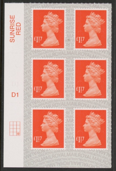 U2937 £1.17 orange-red M17L cyld. D1 grid position R4 C3 SBP s/L DLR U/M (MNH) U2937 £1.17 orange-red M17L cyld. D1 grid position R4 C3 SBP s/L DLR U/M (MNH)