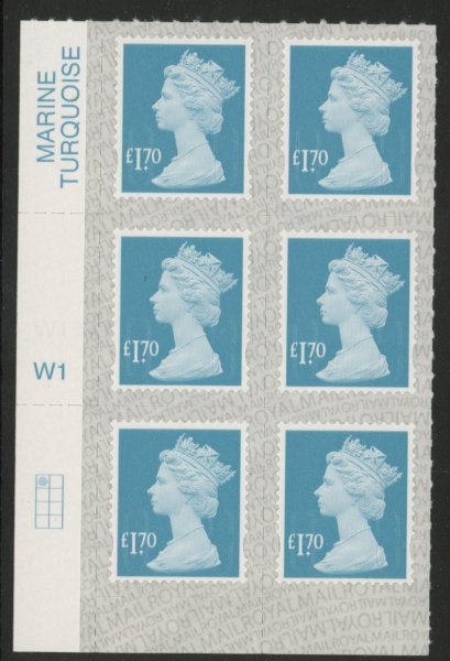 U2952 £1.70 turquoise M21L cyld. W1 grid position R1 C1 SBP s/L Walsall. U/M (MNH) U2952 £1.70 turquoise M21L cyld. W1 grid position R1 C1 SBP s/L Walsall. U/M (MNH)