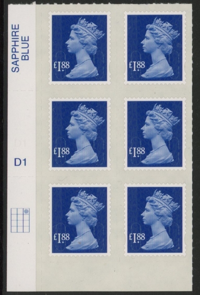 U2953 £1.88 blue MA13 cyld. D1 grid position R1 C3 SBP plain DLR U/M (MNH) U2953 £1.88 blue MA13 cyld. D1 grid position R1 C3 SBP plain DLR U/M (MNH)