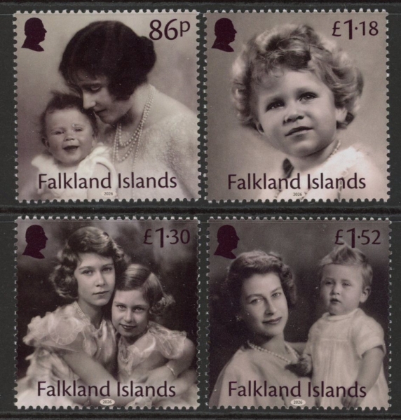 2026 Falkland Islands SG.TBA 100th Anniv. Birth of Queen Eliabeth II set 4 values U/M (MNH). 2026 Falkland Islands SG.TBA 100th Anniv. Birth of Queen Eliabeth II set 4 values U/M (MNH).
