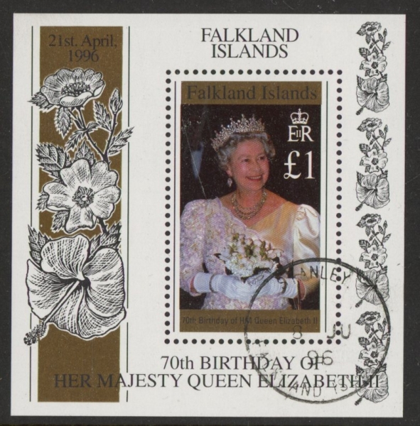 1996 Falkland Islands. MS.765 70th Birthday of Queen Elizabeth II. mini sheet. used (CTO) 1996 Falkland Islands. MS.765 70th Birthday of Queen Elizabeth II. mini sheet. used (CTO)