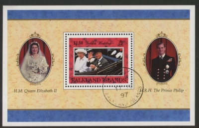 1997 Falkland Islands. MS.791 Golden Wedding of Queen Elizabeth & Prince Philip. mini sheet. used (CTO) 1997 Falkland Islands. MS.791 Golden Wedding of Queen Elizabeth & Prince Philip. mini sheet. used (CTO)