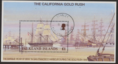 1999 Falkland Islands. MS.858 150th Anniversary of California Goldrush. mini sheet. used (CTO) 1999 Falkland Islands. MS.858 150th Anniversary of California Goldrush. mini sheet. used (CTO)