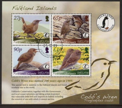 2009 Falkland Islands. MS.1148 Endangered Species Cobbs Wren. mini sheet. used (CTO) 2009 Falkland Islands. MS.1148 Endangered Species Cobbs Wren. mini sheet. used (CTO)