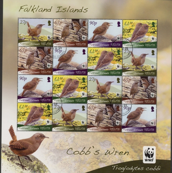 2009 Falkland Islands. SG.1144a-7a Endangered Species Cobbs Wren.(without white border) sheetlet. used (CTO) 2009 Falkland Islands. SG.1144a-7a Endangered Species Cobbs Wren.(without white border) sheetlet. used (CTO)