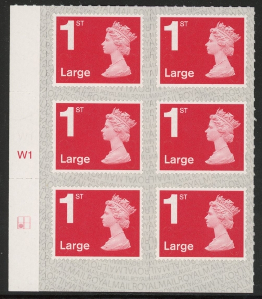 U3003 1st Large brt. scarlet. M19L cyld. W1 grid position R2 C1 SBP s/L Walsall U/M (MNH) U3003 1st Large brt. scarlet. M19L cyld. W1 grid position R2 C1 SBP s/L Walsall U/M (MNH)