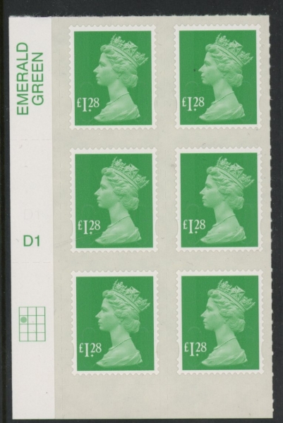U2939 £1.28 emerald green M14L cyld. D1 grid position R2 C1 DLR. U/M (MNH) U2939 £1.28 emerald green M14L cyld. D1 grid position R2 C1 DLR. U/M (MNH)