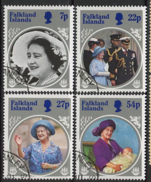 1985 Falkland Islands. SG.505-8 Life & Times of Queen Elizabeth The Queen Mother. set 4 values. used (CTO) 1985 Falkland Islands. SG.505-8 Life & Times of Queen Elizabeth The Queen Mother. set 4 values. used (CTO)